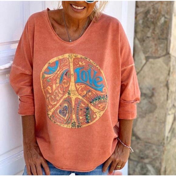 EXCLUSIVE Made With Love Orange Peace Sign Long Sleeve Knit Top XL - Picture 7 of 7